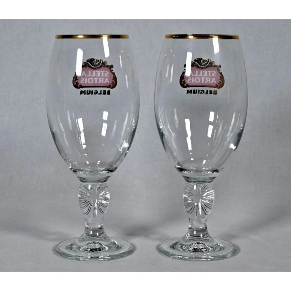 Set of 2 Stella Artois Belgium Beer Chalice Glasses 33cl Gold Rim